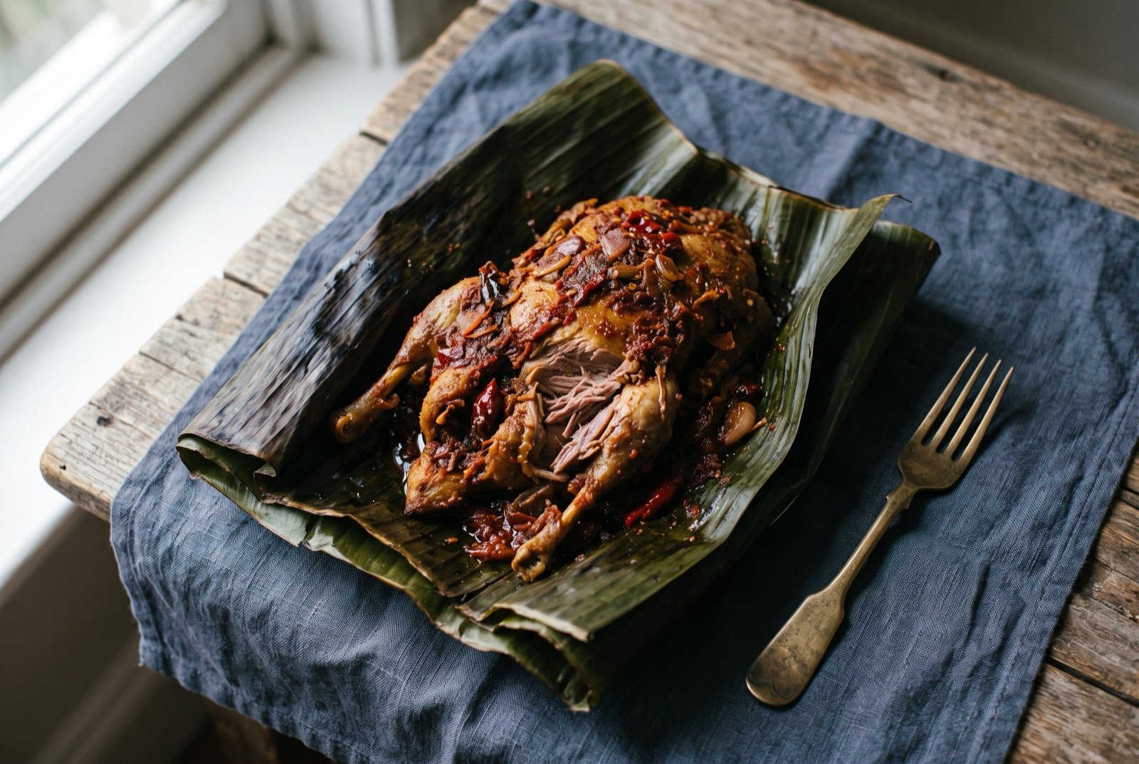 Bebek songkem, a whole duck steamed in banana leaf with a red chilli and shallot paste: a partially unwrapped banana leaf parcel revealing a whole steamed duck coated in a deep red chilli and shallot paste, the meat visibly tender and pulling from the bone.