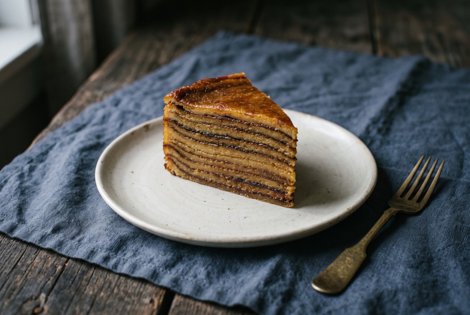 Bebinca, a dark layered coconut and egg custard cake: a single cut wedge of a dense cake on a plain plate, its cross section showing distinct thin golden brown to dark caramel layers stacked evenly from base to top.