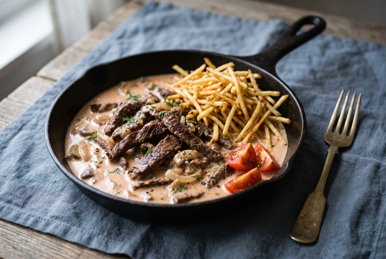 Beef stroganoff, thin seared beef in a smetana and tomato sauce: thin strips of seared dark brown beef in a pale creamy pink sauce, glossy with a faint orange tint from tomato, piled in a dark cast iron pan.
