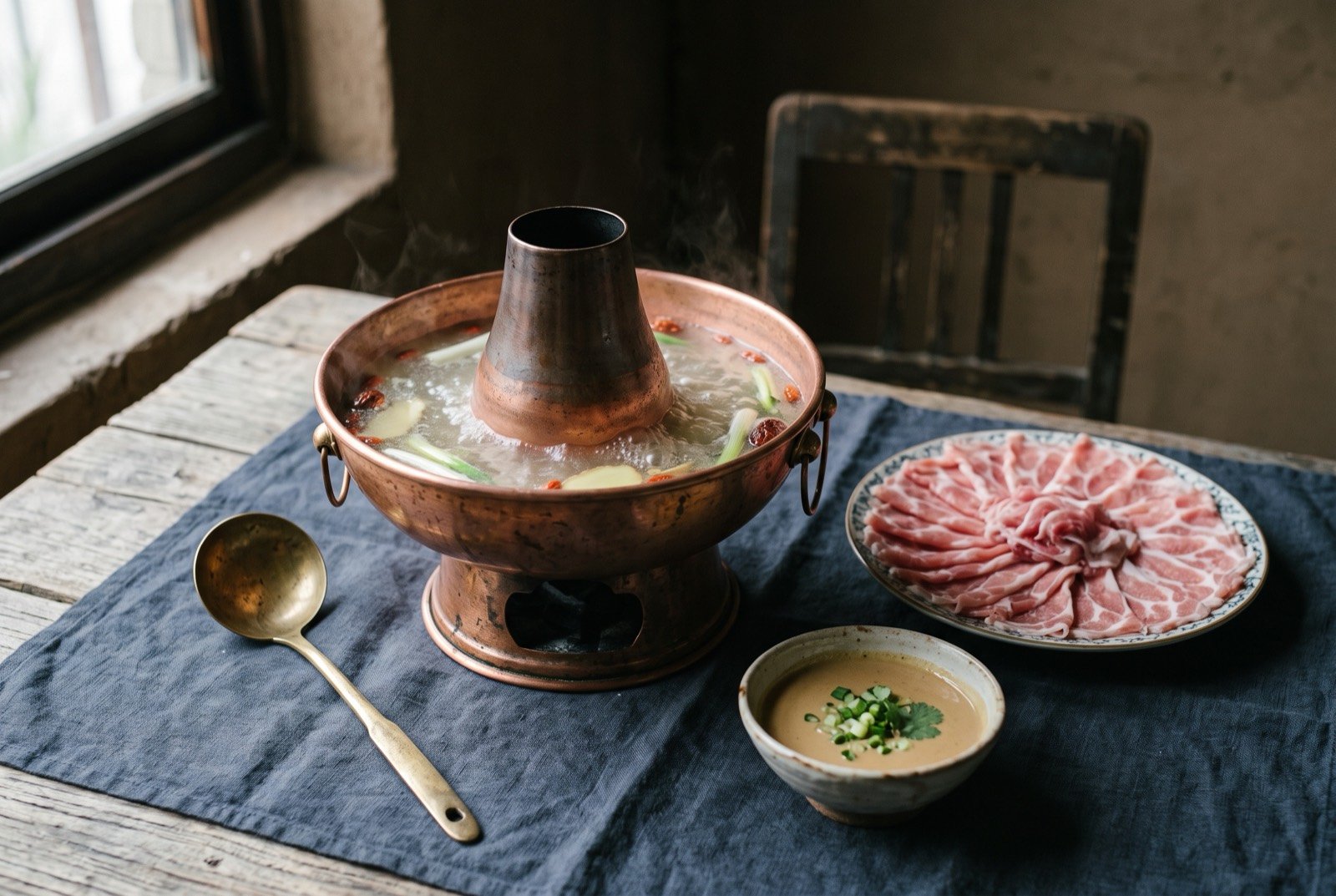 Old Beijing copper-pot lamb hotpot: a traditional round-chimneyed copper pot of pale, clear simmering broth on the table, a platter of paper-thin hand-sliced raw lamb fanned beside it so the pattern of the plate shows faintly through the meat.