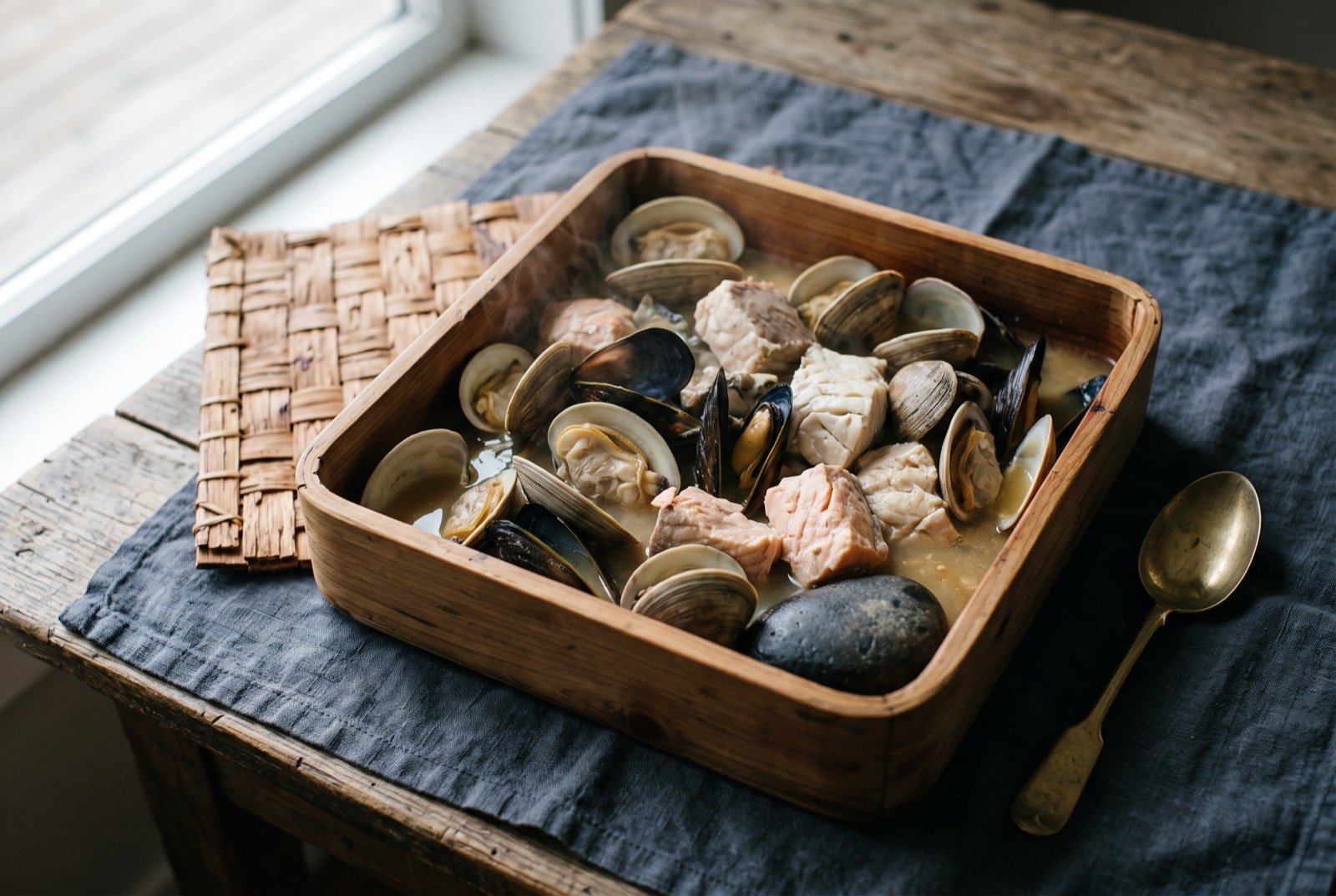Bentwood box clam bake, shellfish and fish stone-boiled in a cedar box: a shallow, rectangular cedar box with rounded folded corners, filled with steaming clams, mussels and pale chunks of poached fish in cloudy broth.