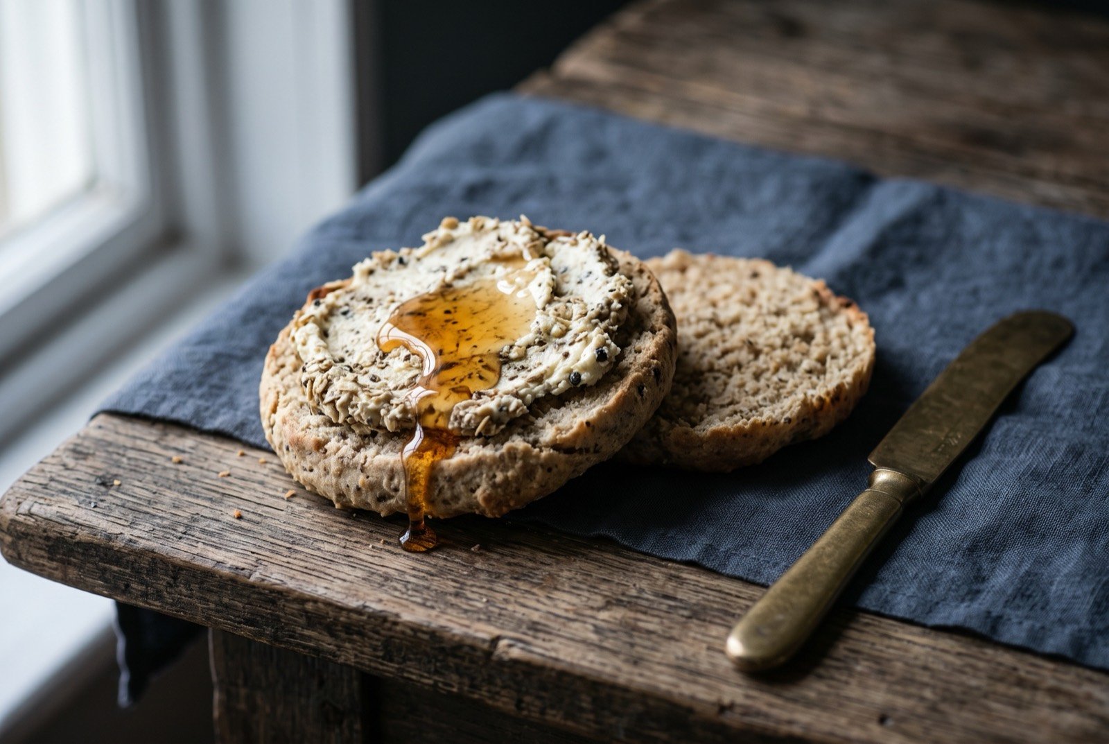 Bere bannock with black crowdie and heather honey: a split, warm, pale brown griddle bannock with a dense speckled crumb, one half spread thickly with pale crowdie cheese rolled in dark toasted oatmeal.