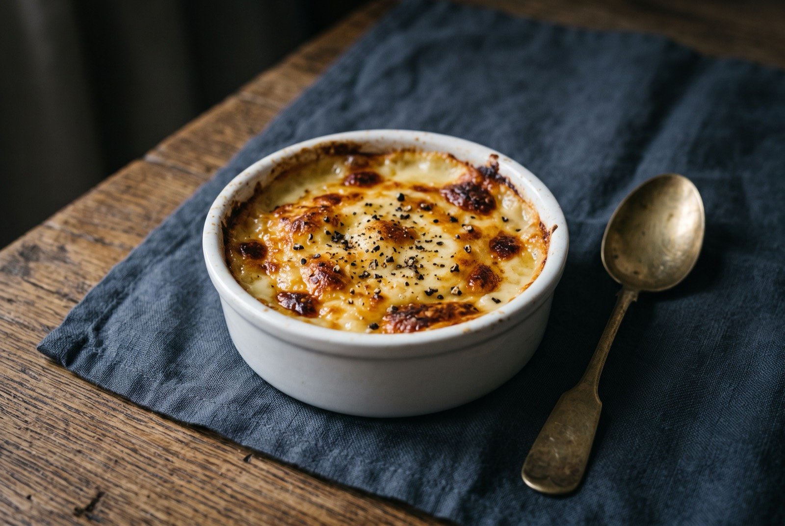 Berthoud, an individual dish of molten Abondance cheese baked with wine and pepper: a small individual porcelain dish of molten pale golden cheese with a deeply browned, blistered crust across the top, a faint wine sheen visible at the edge.