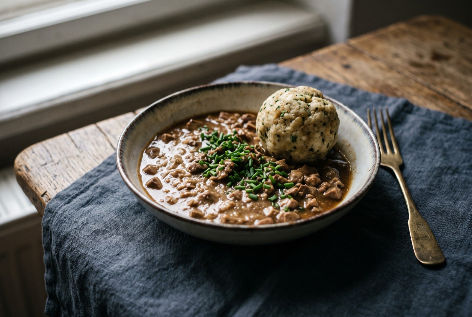 Beuschel, a veal lung and heart ragout: a rustic, deep cream coloured ragout of finely diced offal in a light, glossy roux based sauce, served in a shallow bowl with a single quenelle of bread dumpling resting against the edge.
