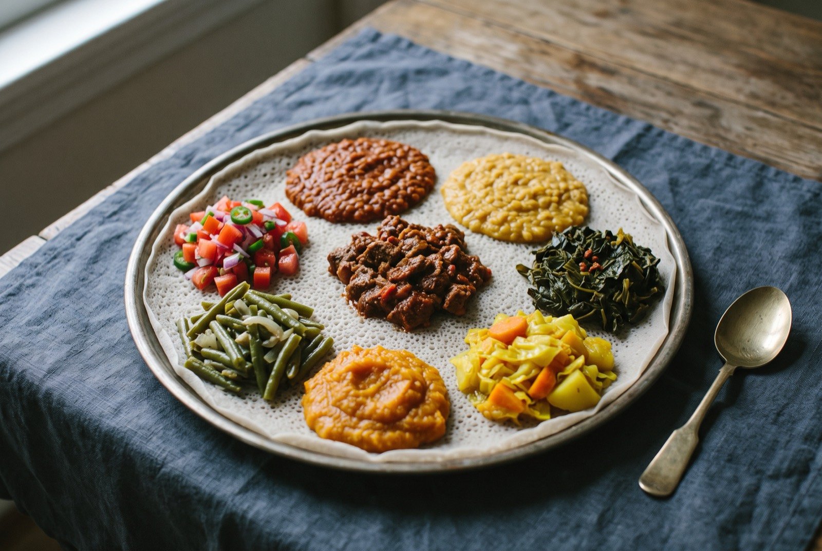 Beyaynetu: A composed platter: one pale grey porous injera covering the tray, with seven separate mounds set around the edge and one at the centre.