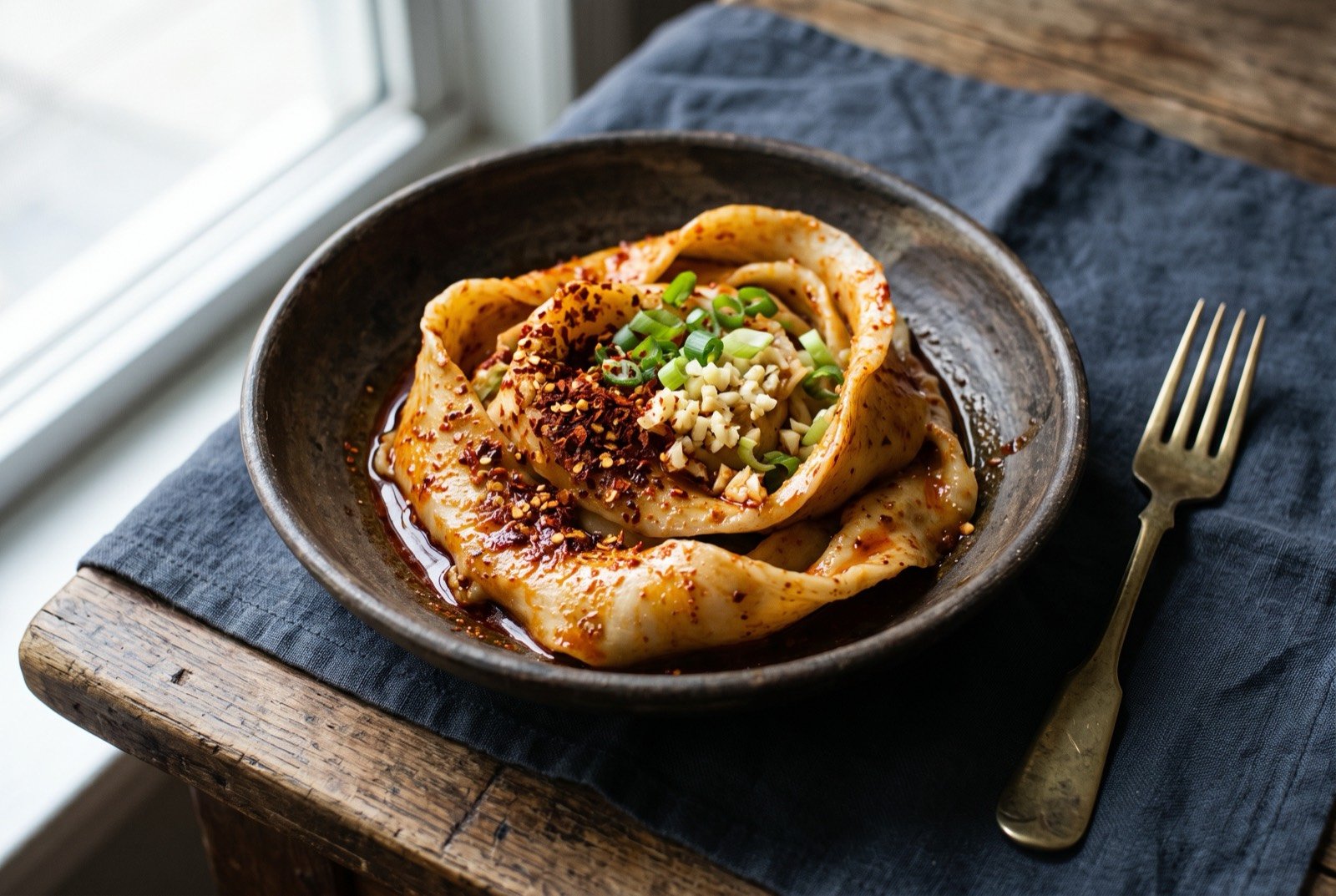 Biangbiang mian, wide hand-cut noodles finished with hot oil: very wide, thick, irregularly cut noodles tossed with red chilli flakes, sliced garlic and scallion, glistening from a pour of hot oil poured just before serving.