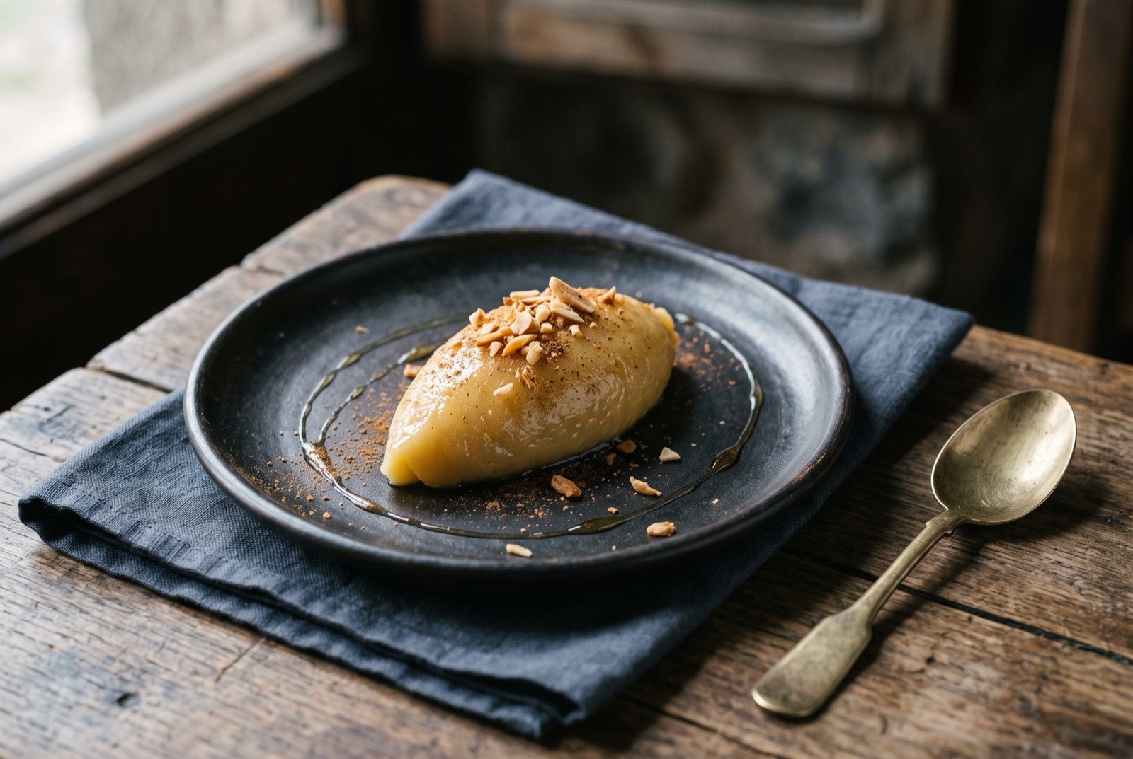 Bienmesabe, almond and egg yolk sweet: a glossy, pale golden almond paste piped into a neat quenelle on a dark plate, a light dusting of ground cinnamon and toasted almond over the top.