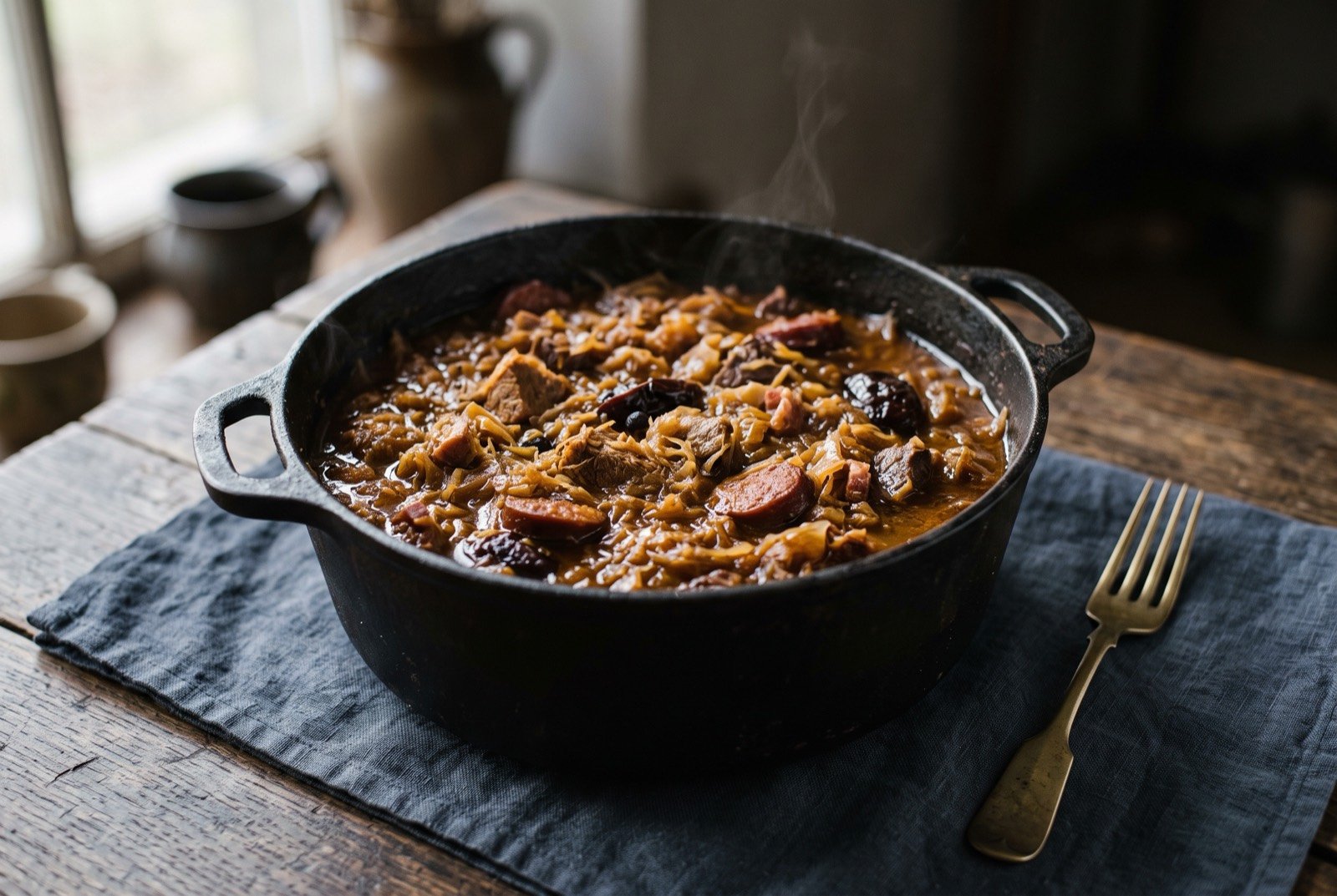 Bigos, a hunter's stew of sauerkraut and mixed meats: a deep, dark amber and brown stew thick with shredded cabbage and sauerkraut, chunks of meat and sliced kielbasa visible throughout.