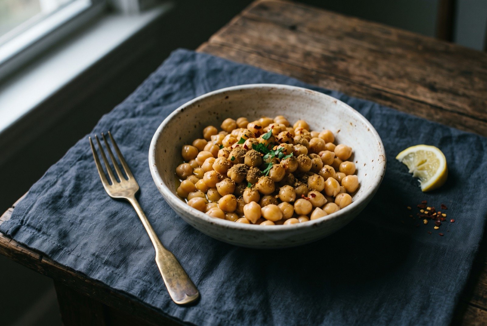 Bileela, Jeddah's Al-Balad street chickpeas: a simple bowl of whole boiled chickpeas glistening with oil, a scattering of ground cumin across the surface, a wedge of lemon and a few chilli flakes at the side.