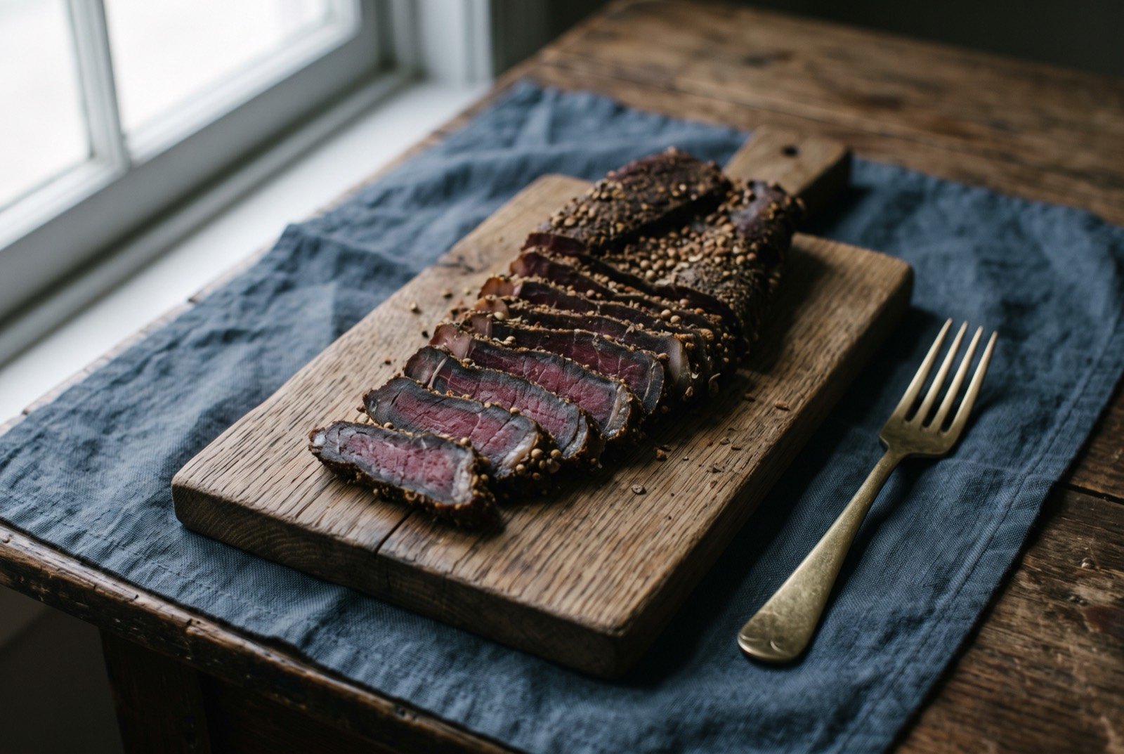 Biltong: strips of air dried beef cut with the grain, dark brown and dry outside under cracked coriander seed and coarse black pepper.