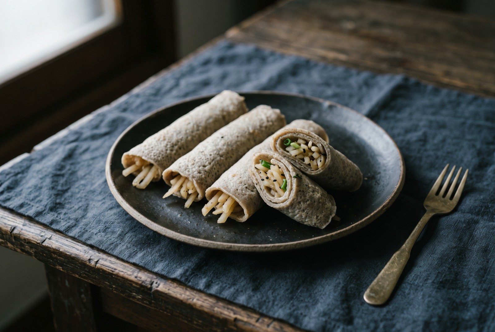 Bingtteok, buckwheat crepe rolled around seasoned radish: pale grey-brown buckwheat crepes rolled into short cylinders, arranged in a row on a dark plate, one cut in half to reveal the pale julienned radish filling inside.