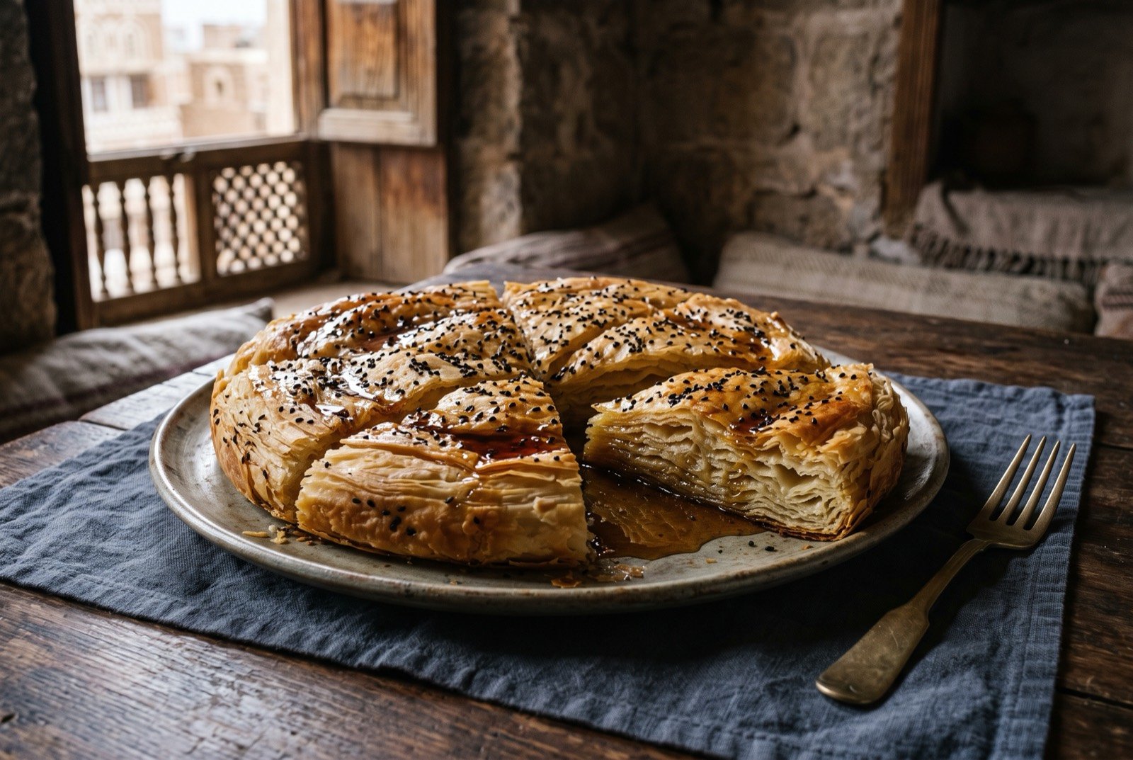 Bint al-sahn, Yemen's layered honey and ghee pastry: a large round golden-brown layered pastry cut into wedges, its many thin flaky layers visible at the cut edge, a dark amber honey glistening over the top and pooling at the base.