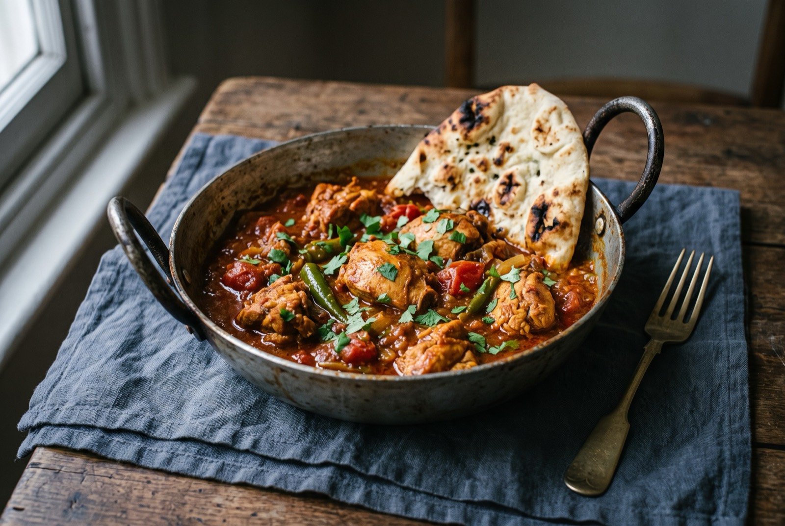 Birmingham balti, chicken cooked and served in a thin pressed steel pan: a shallow, two handled pressed steel pan holding a rustic, thick, brick red chicken curry with visible chunks of tomato and green chilli.