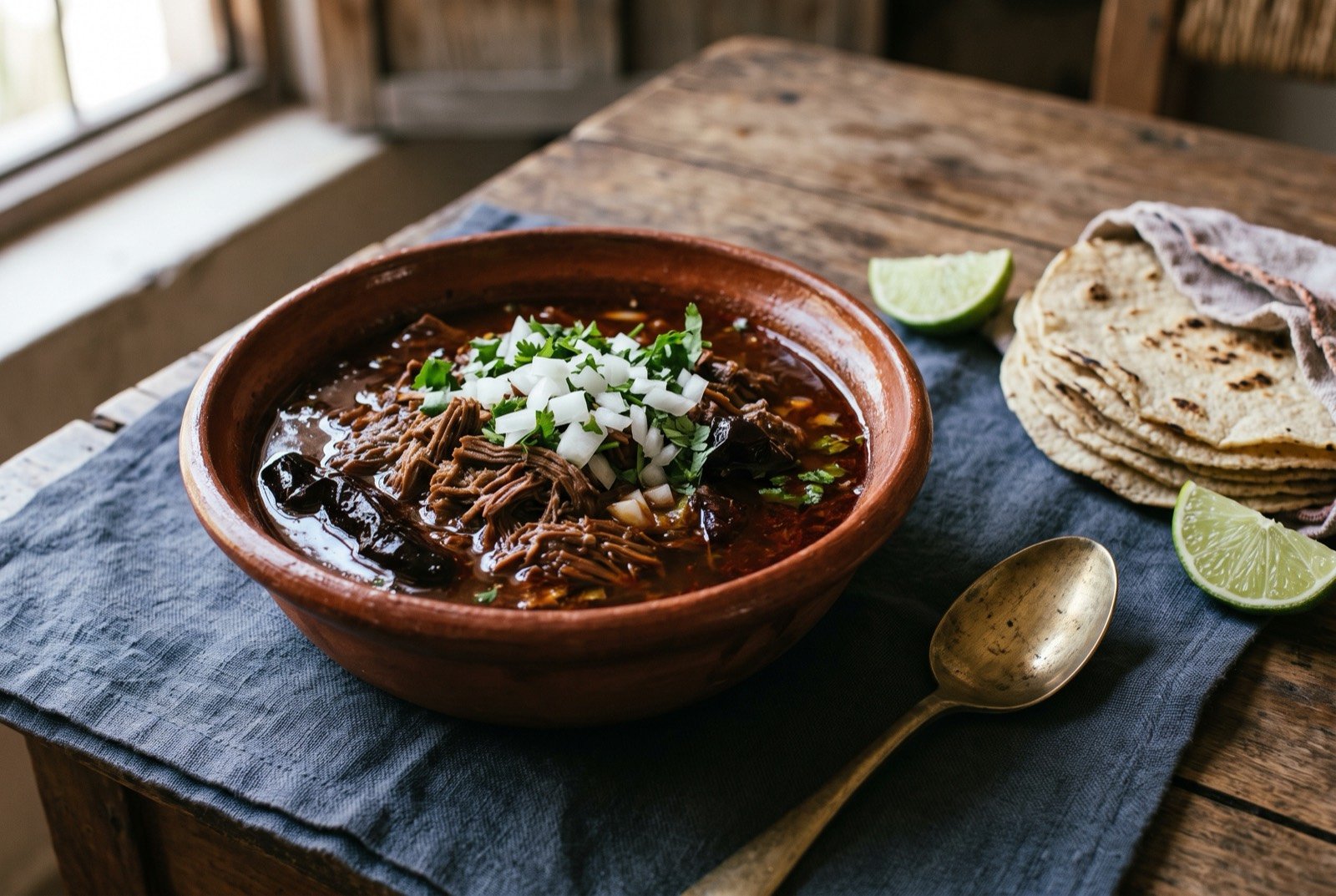 Birria, a chile-braised goat stew with its own consommé: a deep clay or enamel bowl of dark reddish brown goat stew, tender shredded meat sitting in a glossy, chile-red consommé.