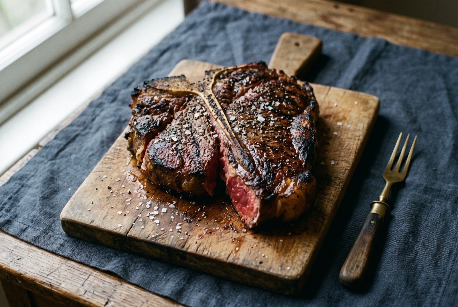 Bistecca alla Fiorentina, a thick Chianina T-bone charred over live oak embers: a thick T-bone steak with a deeply charred, blistered crust, sliced along the bone to reveal a rare, deep red interior, resting on a wooden board with visible grill char marks.