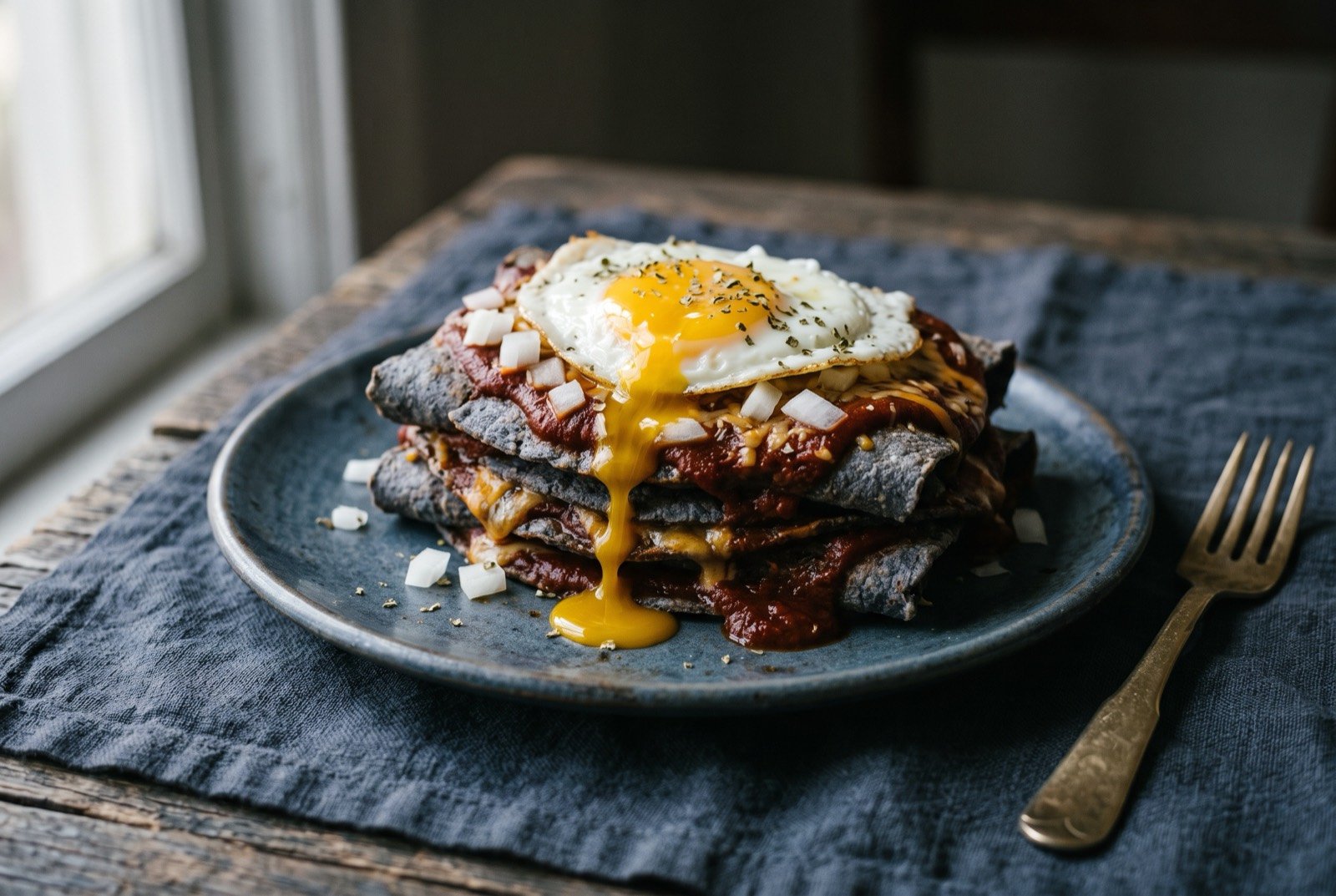 Blue corn enchiladas, New Mexico stacked style with a fried egg: a short stack of deep slate blue corn tortillas layered with dark red chile sauce and melted cheese, a fried egg with a softly broken golden yolk running down the side.