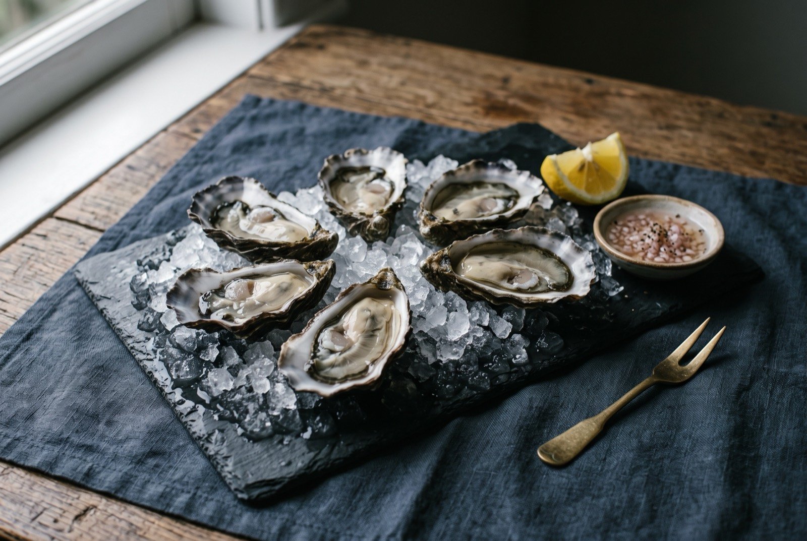 Bluff oysters, wild-dredged flat oysters served raw on ice: half a dozen dark, ridged flat oyster shells nestled in crushed ice on a dark slate, each holding a plump grey-cream oyster in its own liquor.