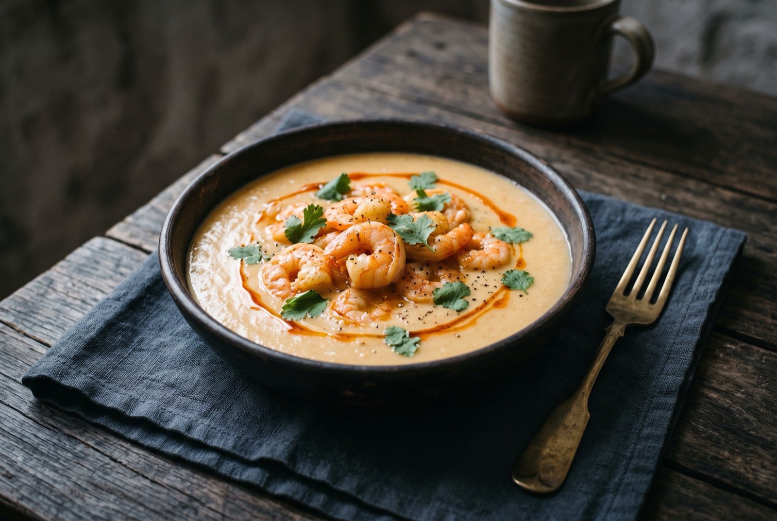 Bobó de camarão, shrimp in a cassava and coconut purée: a smooth, pale creamy orange purée mounded in a dark bowl, plump pink shrimp half submerged across the surface, a thin trail of red orange dendê drizzled over the top.