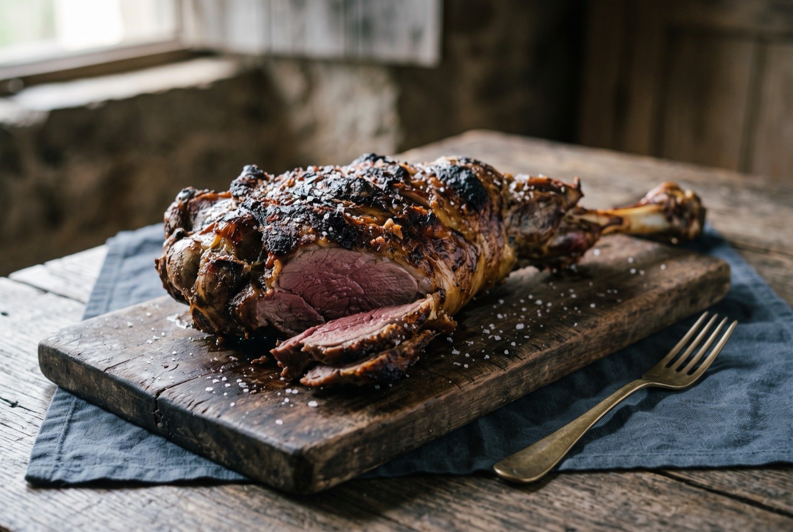 Bode assado, roast goat prepared in the manta de bode tradition: a whole roasted goat leg with a deeply browned, blistered exterior, resting on a wooden board, one corner carved to reveal moist.