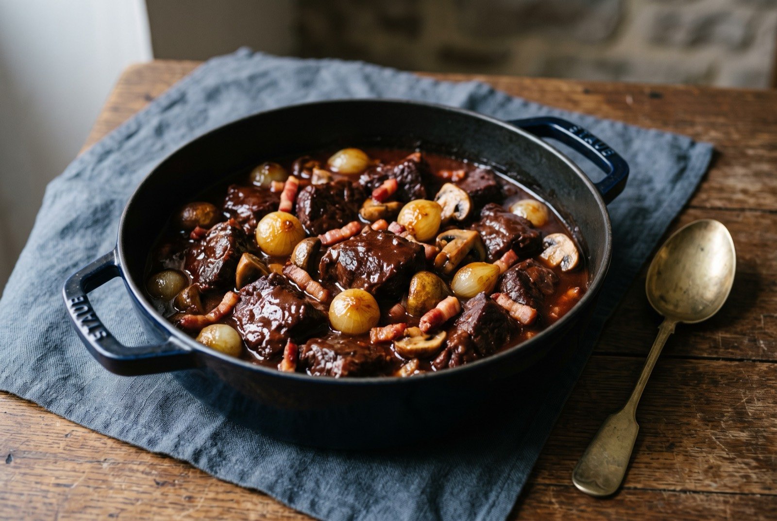 Boeuf bourguignon, beef shin braised for hours in red Burgundy with pearl onions and mushrooms: a deep pot of dark, glossy burgundy red beef stew, chunks of meltingly tender beef breaking apart against the spoon, small caramelised pearl onions and quartered button mushrooms scattered through a rich.