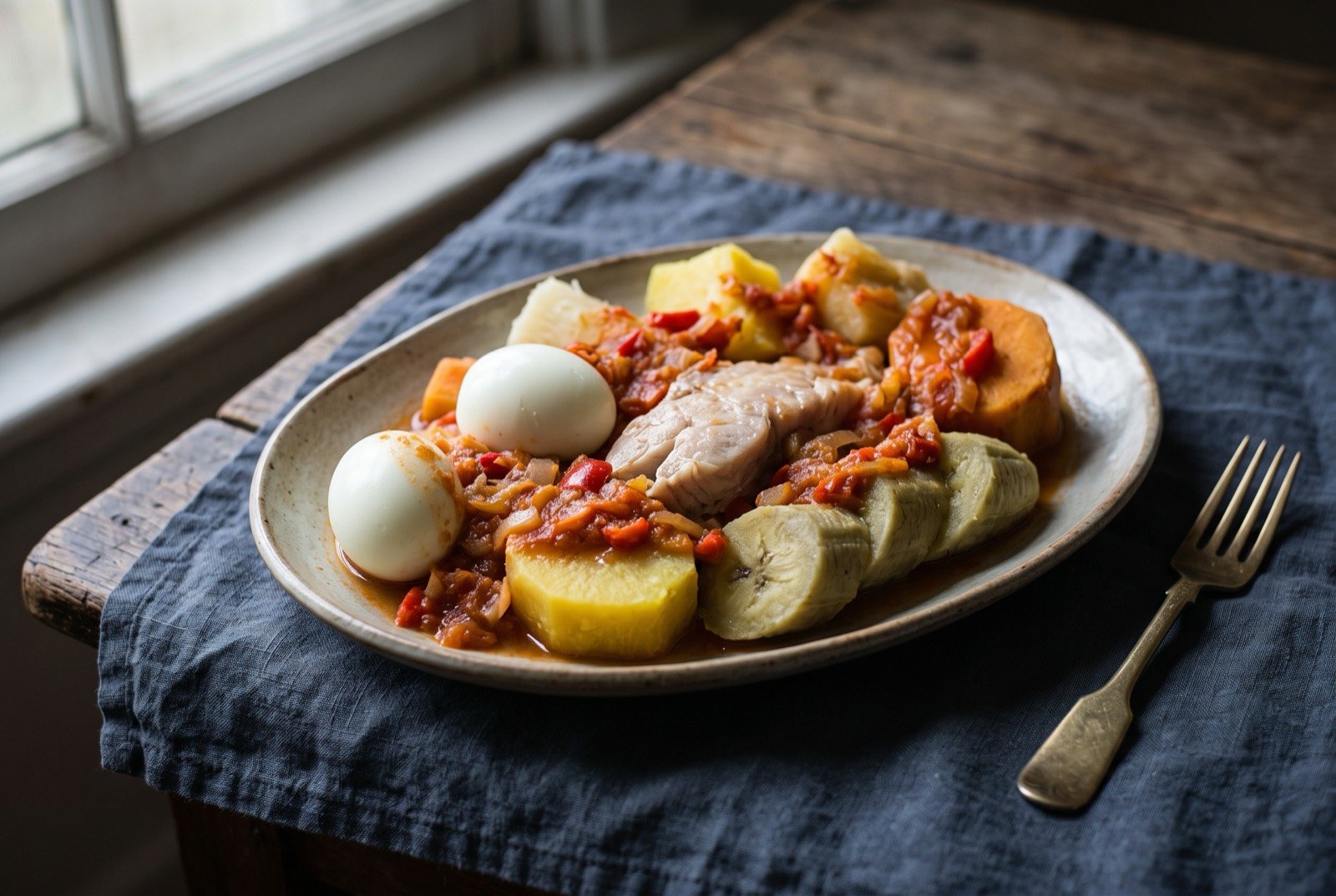 Boil-up, a Saturday one pot plate: a large oval plate holding a boiled egg, a piece of pale poached fish, chunks of yellow yam, cassava and sweet potato, and slices of boiled green plantain.