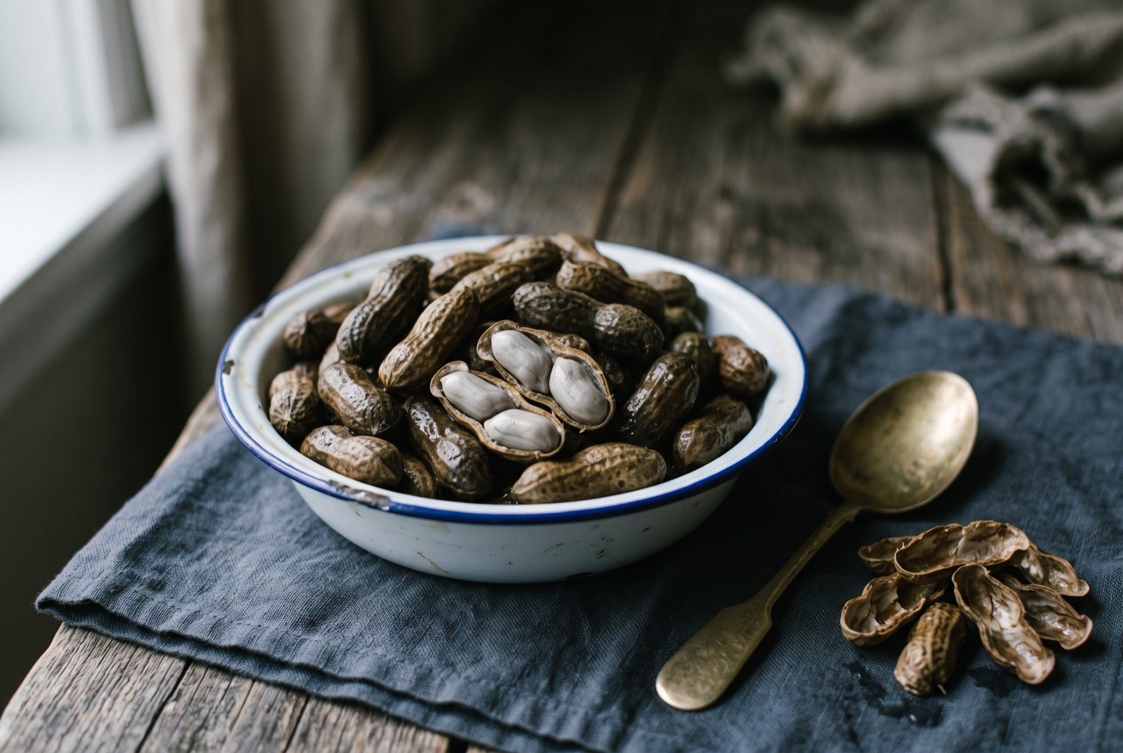 Boiled peanuts, green peanuts simmered soft in salted water: a small enamel bowl heaped with damp, softened peanuts still in their darkened, waterlogged shells, a few shells cracked open showing the soft pale grey boiled nuts inside.