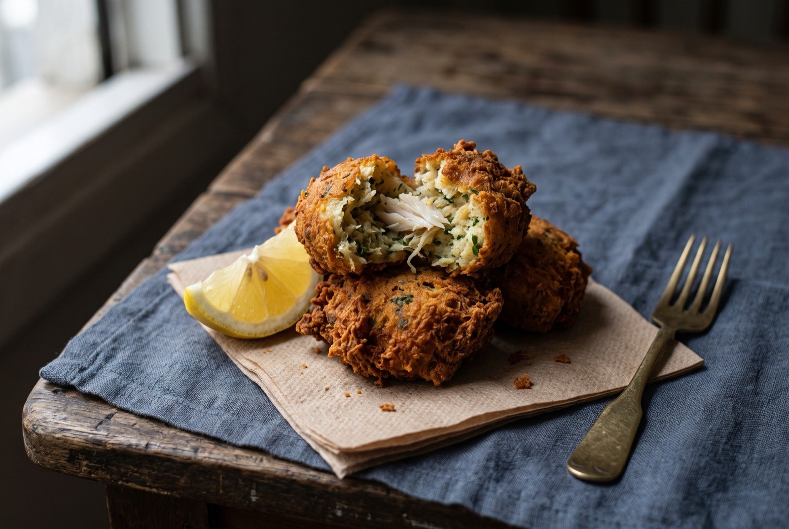 Bolinho de bacalhau, Rio's salt cod fritters: a small stack of deep golden brown oval fritters with a craggy fried crust, one broken open to show a pale flaky interior flecked with parsley.