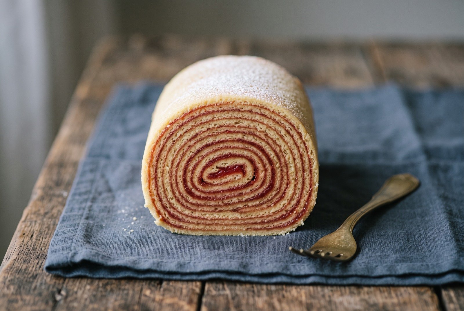 Bolo de rolo, a thin rolled sponge cake layered with guava paste: a cut cross section of a tightly rolled sponge cake standing upright, revealing a fine, even spiral of pale golden sponge and deep reddish pink guava paste.