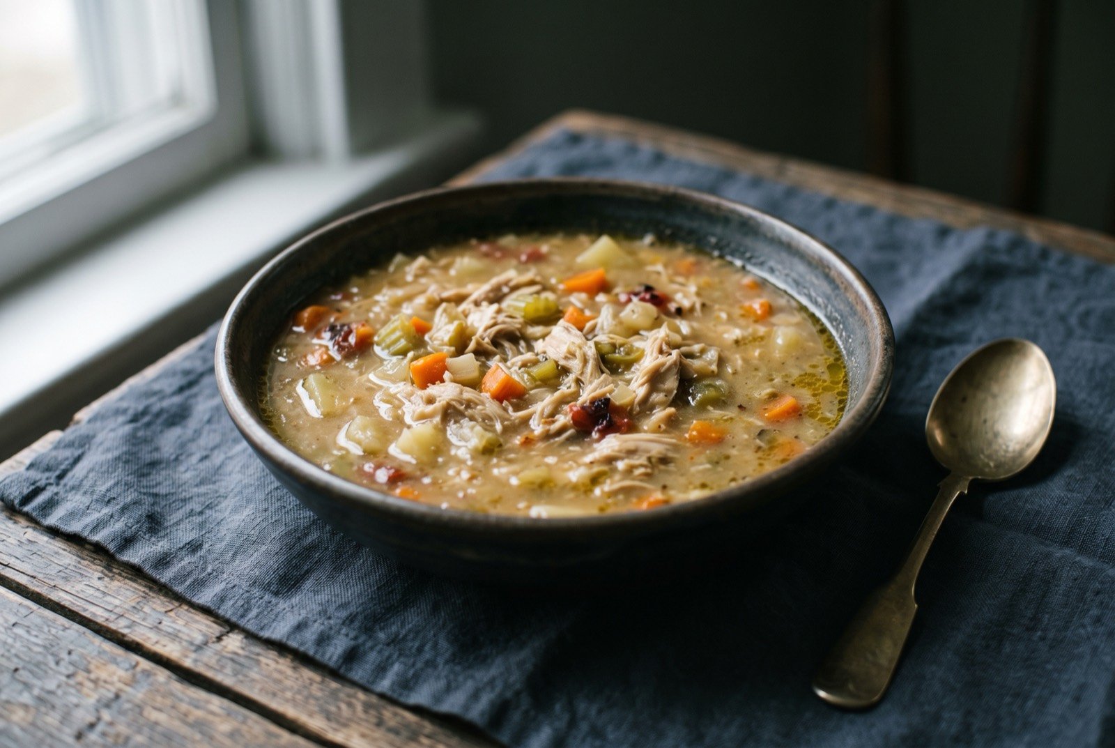 Booyah, a Walloon Belgian communal stew: a deep bowl of pale golden brown stew thick with shredded chicken, diced carrot, celery and potato, a few dark flecks of tomato skin visible.