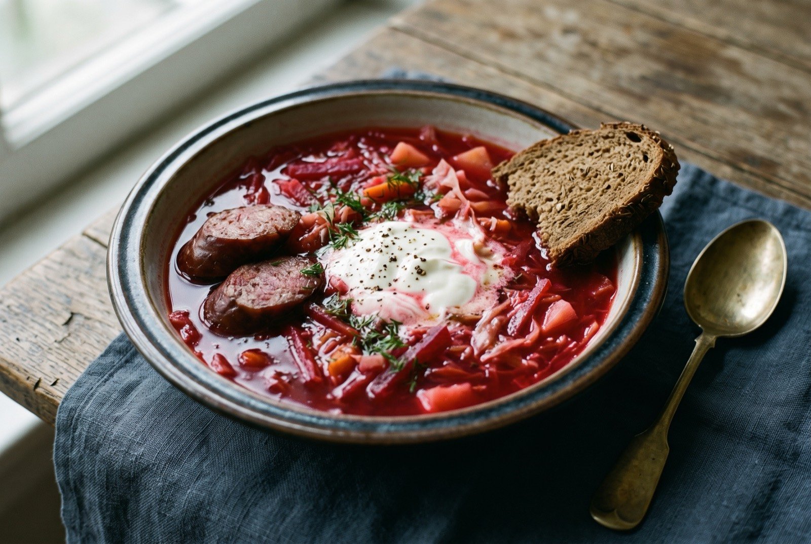 Lviv-style borscht, a deep magenta beetroot and cabbage soup finished with sliced smoked kovbasa and a spoon of soured cream: a wide, shallow ceramic bowl of deep magenta red soup, visible chunks of julienned beetroot and pale cabbage suspended in the broth.