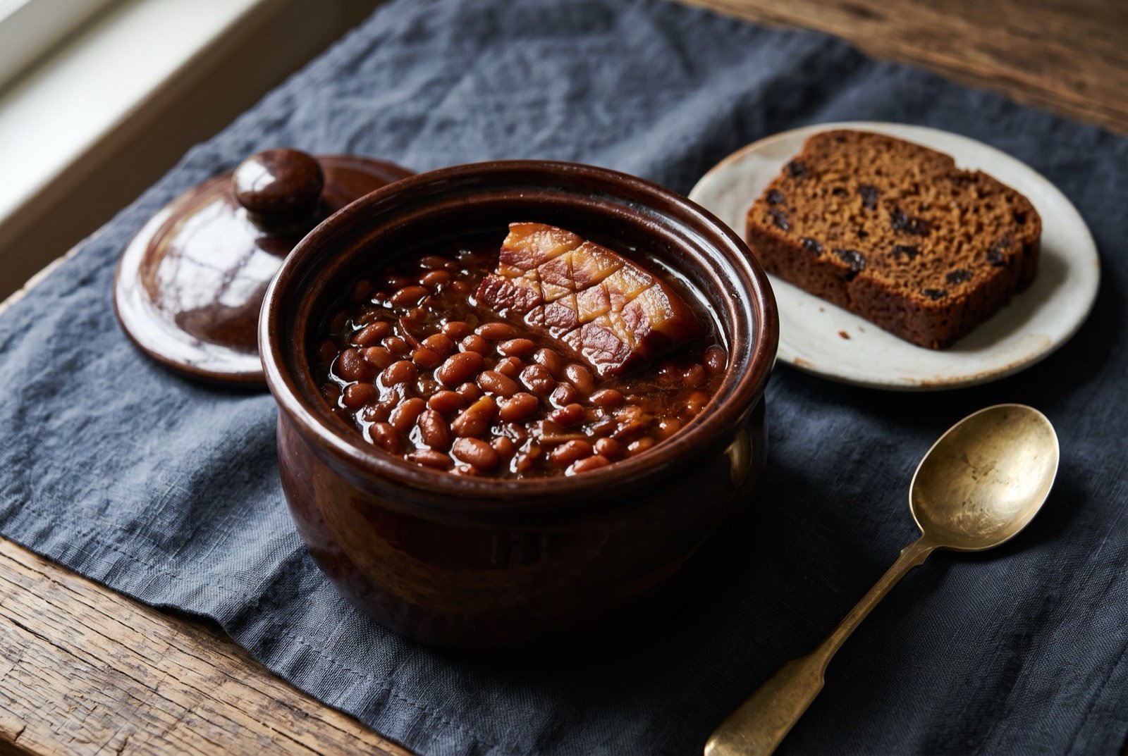 Boston baked beans: a small dark brown earthenware bean pot, its lid resting alongside, filled with glossy deep mahogany beans in a thick molasses sauce.