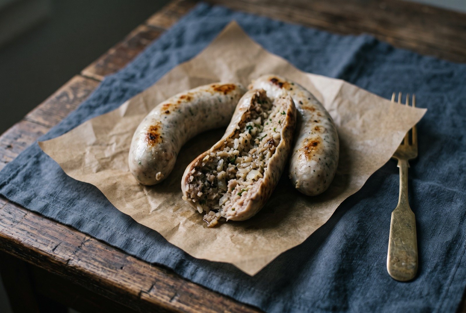 Boudin blanc, Cajun pork and rice sausage: three plump pale sausages in natural casing, lightly browned and one split along its length to reveal a moist, flecked pork and rice filling.