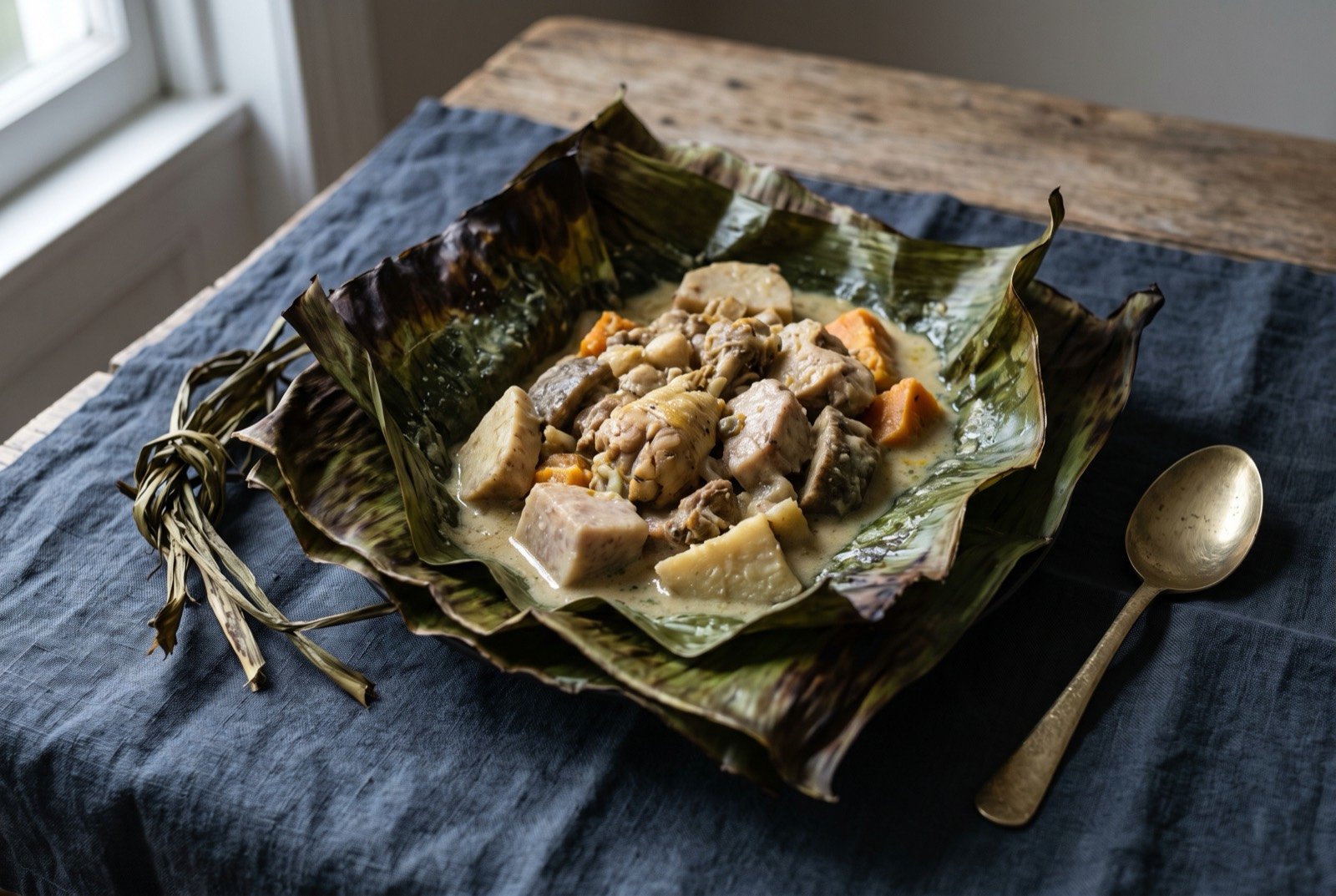 Bougna, a Kanak stew of meat or fish, root vegetable and coconut milk wrapped in banana leaf and cooked in the four kanak: a large, opened banana leaf parcel revealing tender chicken, pale chunks of taro, yam and sweet potato bound in a thick pale coconut sauce.