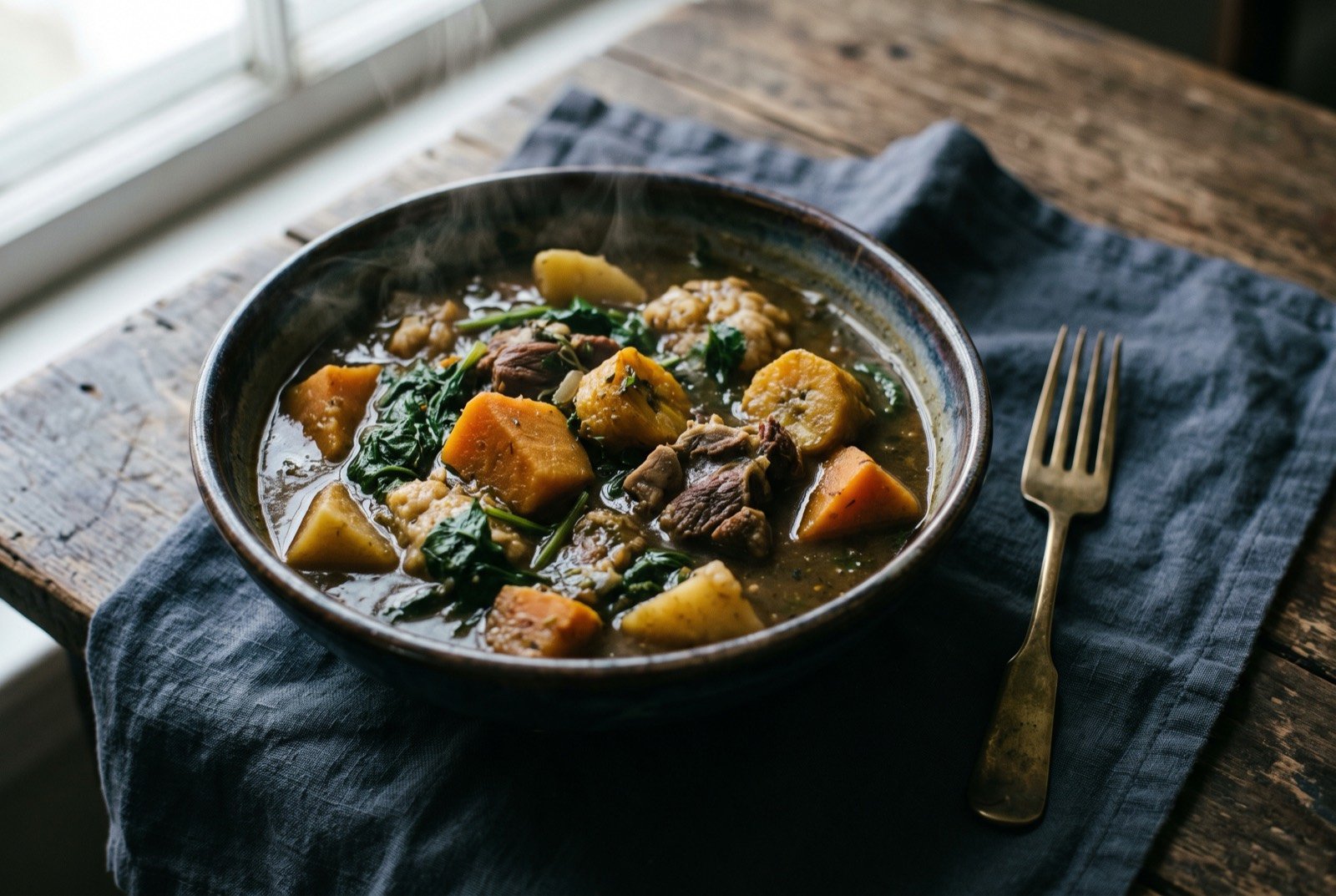 Bouyon, a layered Haitian root vegetable and meat stew: a deep bowl of thick, dark stew crowded with chunks of yam, plantain, potato and dark leafy greens, pieces of beef or goat visible beneath the surface.