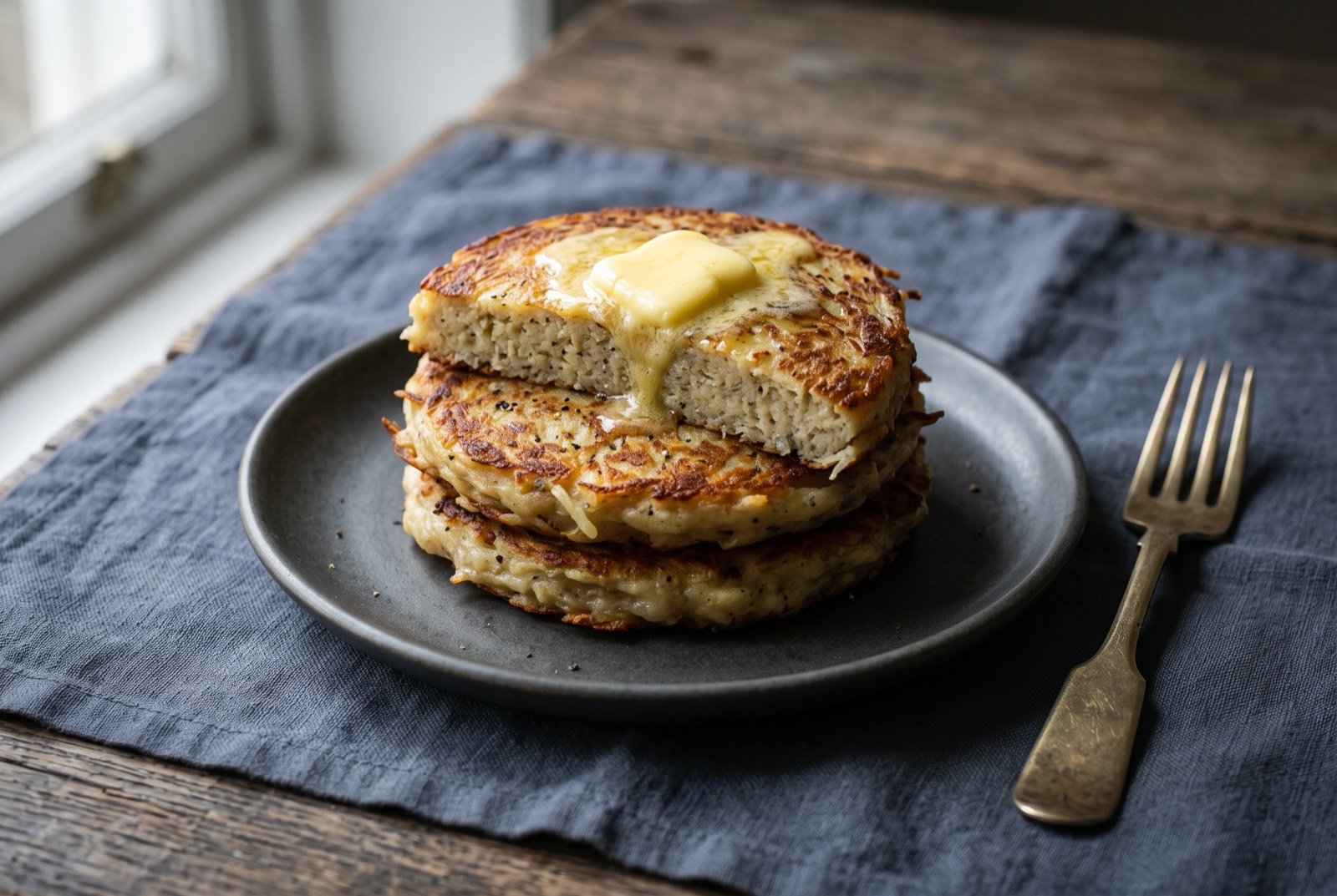 Boxty, grated and mashed potato pancakes: a small stack of golden brown potato pancakes with a slightly speckled, dense cut surface visible on the top one, a pat of butter melting across the stack.
