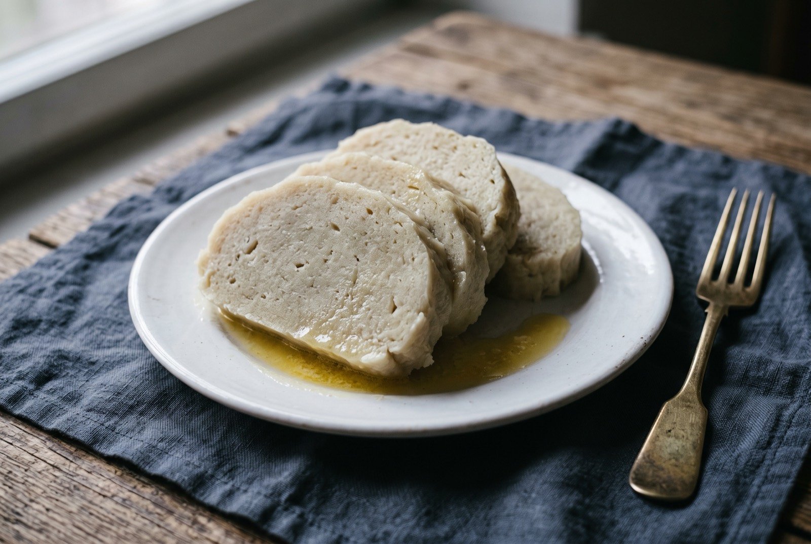 Bramborový knedlík, a steamed potato dumpling: thick pale grey white slices of steamed potato dumpling stacked slightly on a white plate, a dense, faintly translucent uniform crumb with no visible bread pieces.