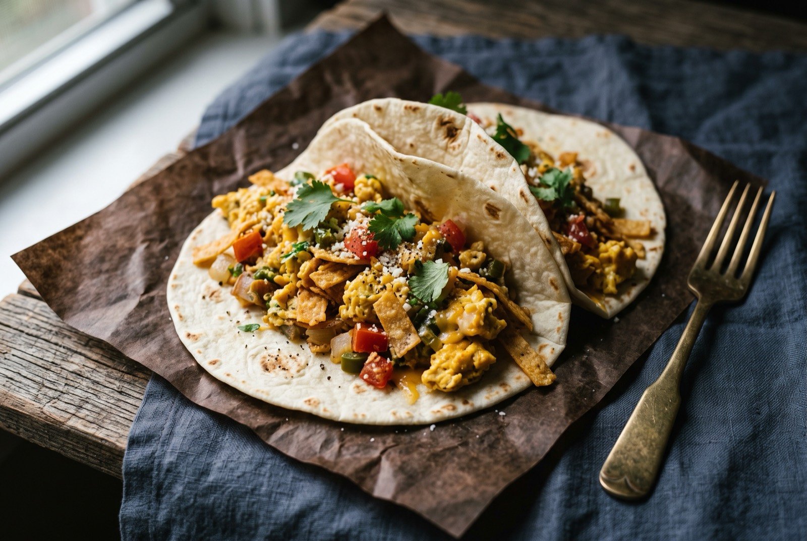 Breakfast tacos with migas, scrambled egg and crisp tortilla in a warm flour tortilla: two soft flour tortillas loosely folded around a golden scramble of egg studded with crisp tortilla strips, diced tomato and jalapeño.