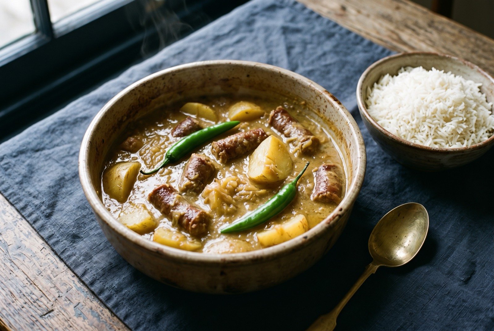 Bredie: thick pieces of lamb sausage and quartered potatoes in a pale golden brown sauce made almost entirely of onion cooked past recognition.