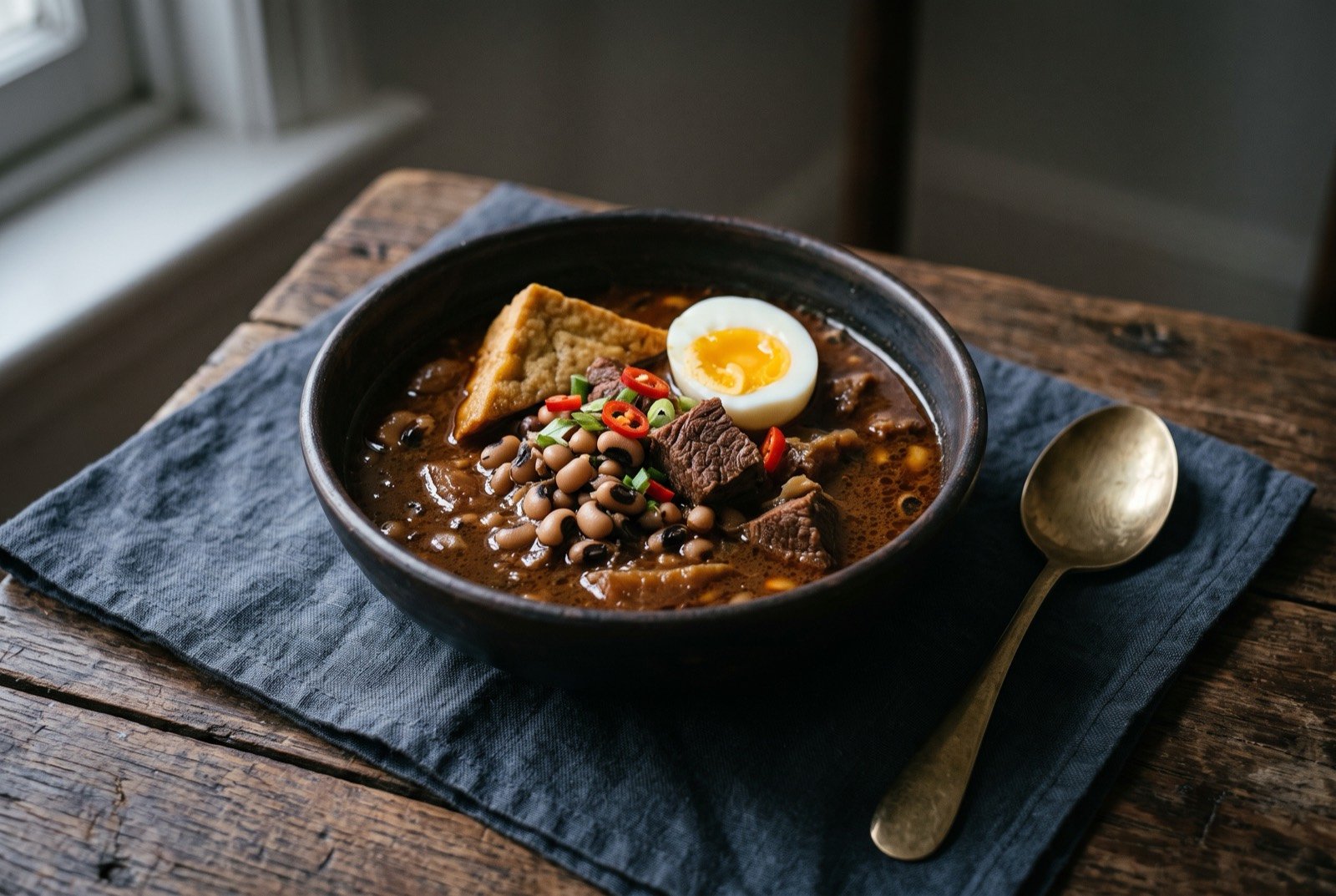 Brongkos, a thick dark coconut broth of black-eyed peas, beef, tofu and a halved boiled egg: a deep bowl of dark reddish-brown coconut broth, black-eyed peas and cubes of beef submerged within it, a triangle of fried tofu and a halved boiled egg breaking the surface.