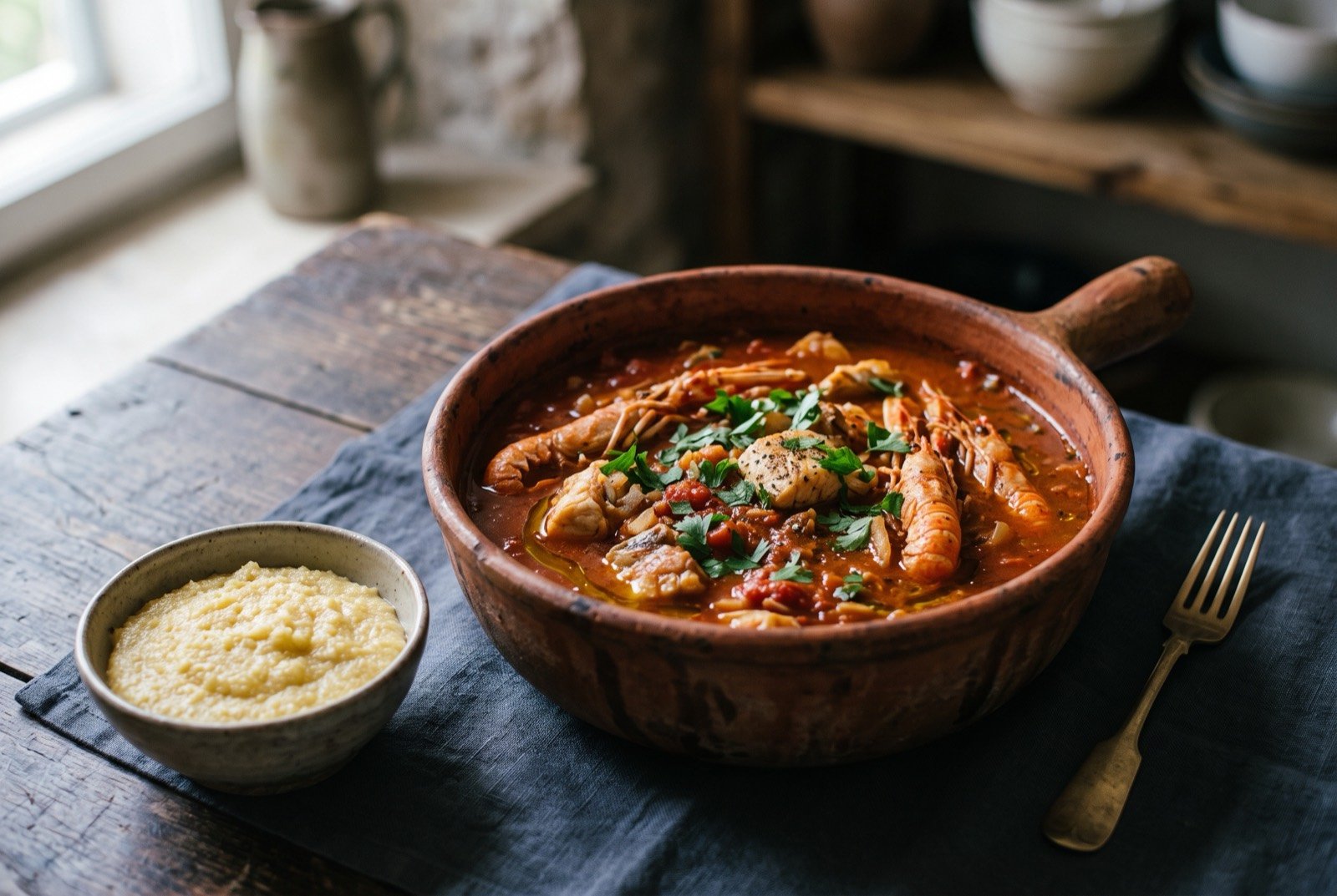 Brudet, a mixed Adriatic fish and shellfish stew: a wide, shallow terracotta pot filled with a deep rust-red stew, whole pieces of white fish and a few langoustine tails breaking the surface.
