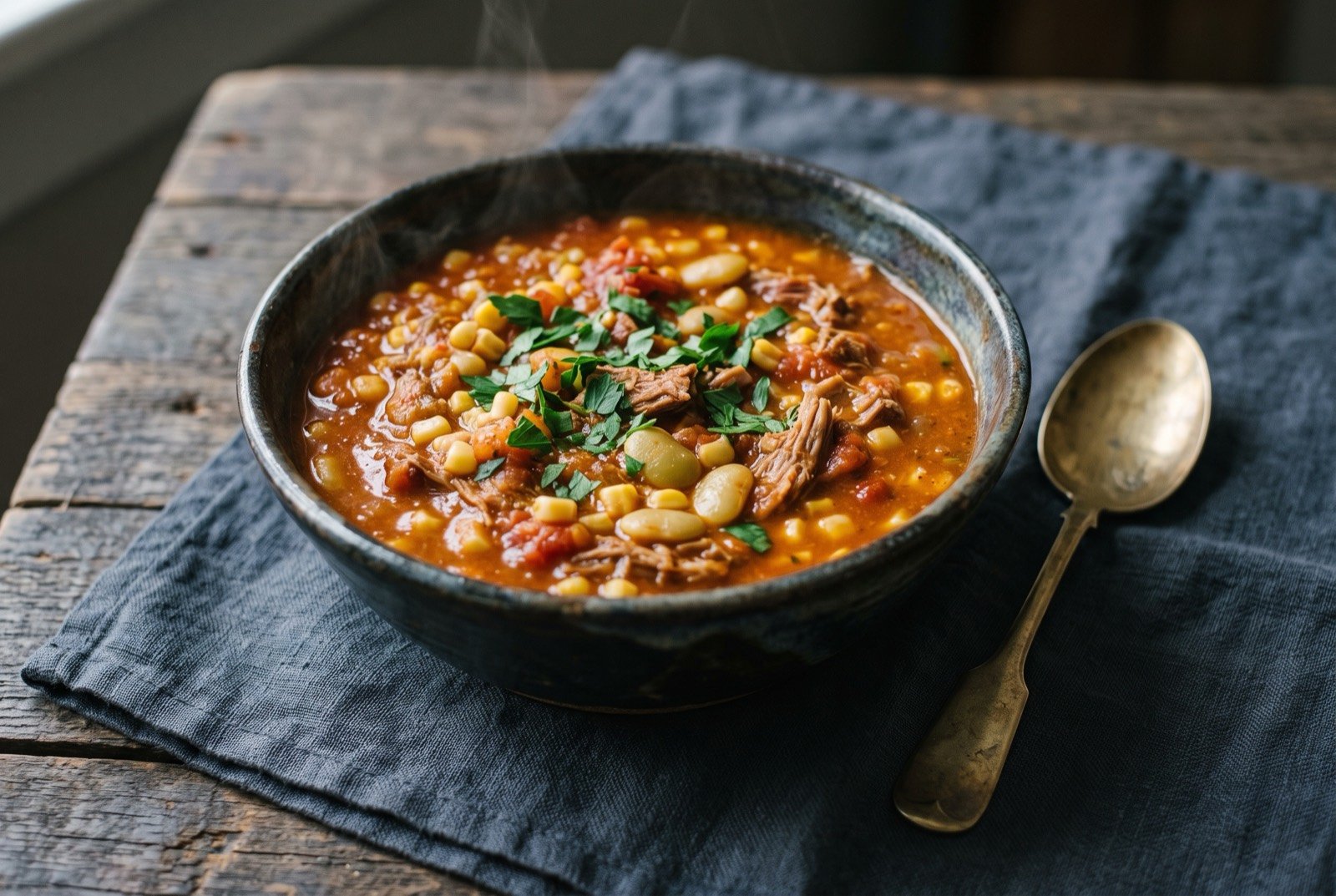 Brunswick stew, a long-simmered game and corn stew: a rustic bowl of thick, deep orange red stew studded with pale corn kernels, lima beans and shredded pulled meat, a faint steam rising.