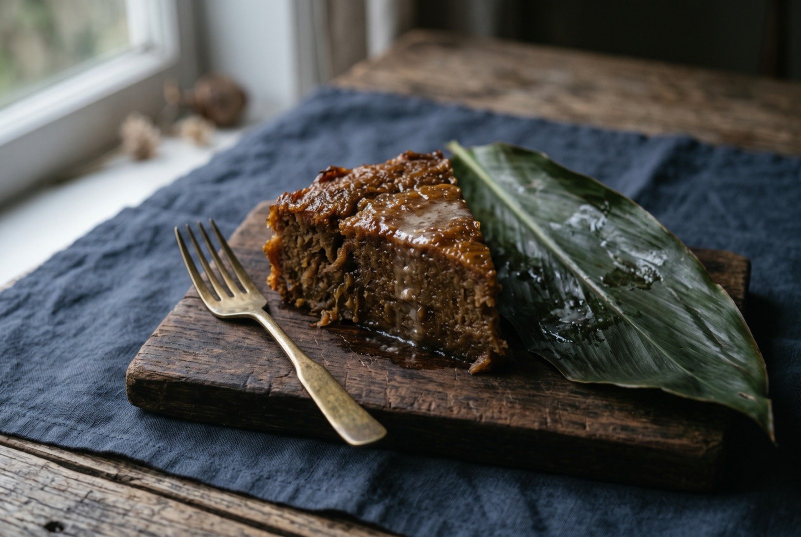 Buatoro, Kiribati's babai and coconut toddy pudding: a dense, moist wedge of dark golden brown pudding unwrapped from a broad green leaf lying open beside it on a dark wooden board.