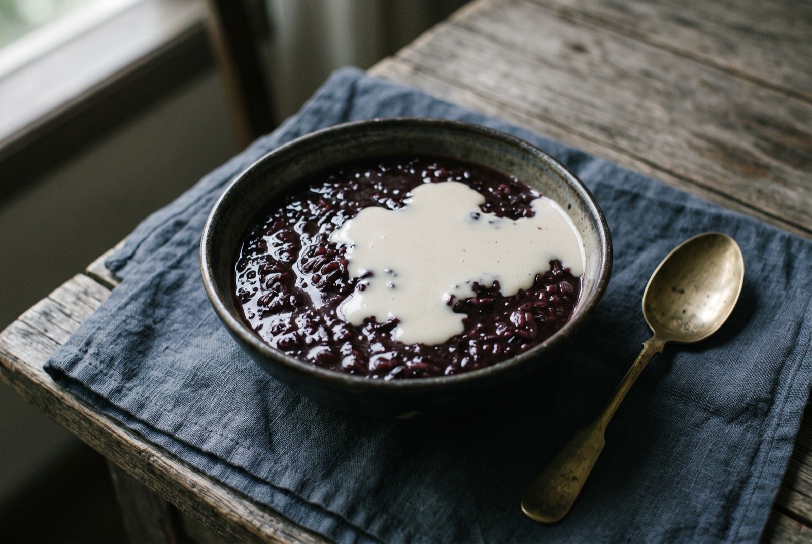 Bubuh injin, black rice pudding: a bowl of dark purplish-black rice porridge with thick pale coconut milk poured across the top in an unmixed pool, the porridge glossy and loose.