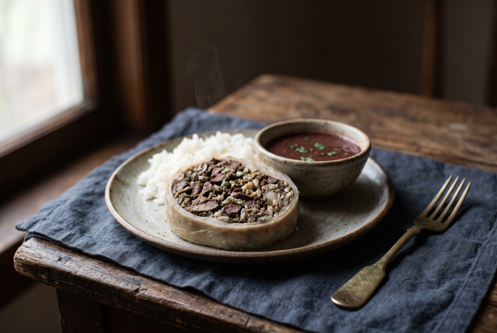 Buchada de bode, seasoned goat offal cooked inside the animal's own stomach: a thick round slice cut from a stuffed, simmered goat stomach, revealing a dense dark mosaic of chopped offal within a pale.
