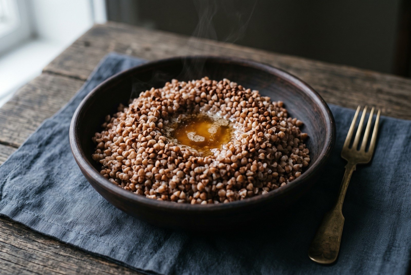 Buckwheat kasha, toasted groats cooked slow and finished with brown butter: a mound of reddish brown, distinct separate grains in a dark clay bowl, a pool of golden brown butter melting into a well at the centre.