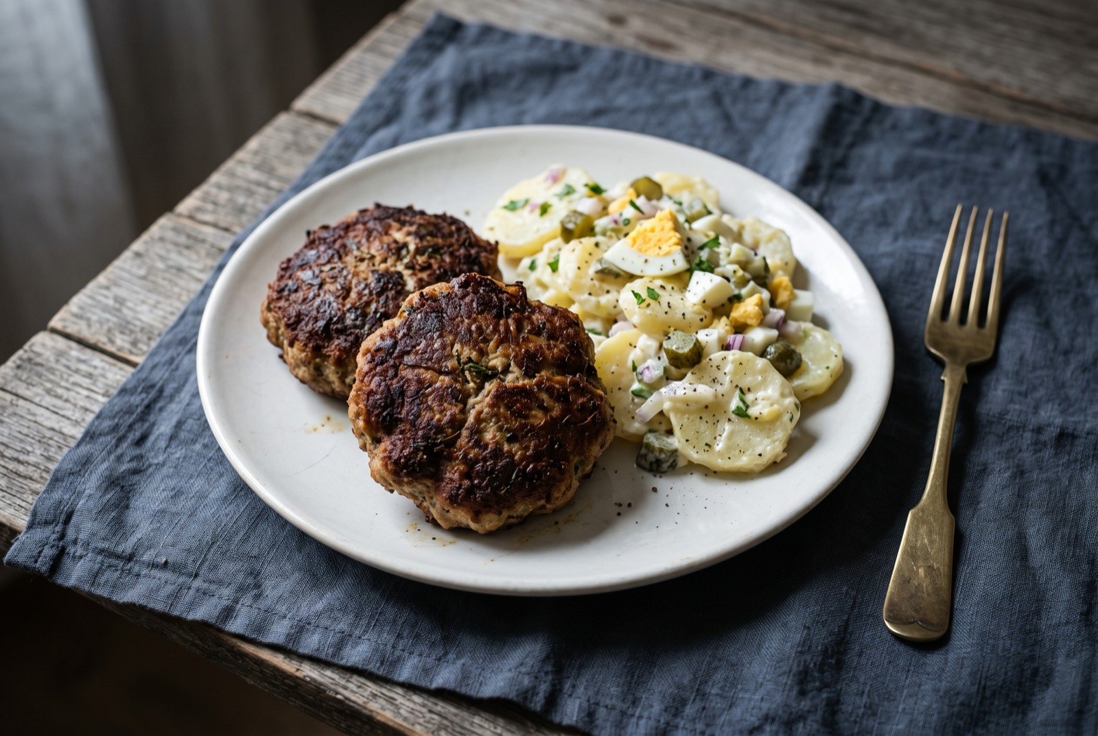 Buletten, Berlin pan-fried meat patties: two deeply browned, flattish meat patties with a cracked, well seared crust, set on a plate beside a pale creamy potato salad flecked with gherkin and hard boiled egg.