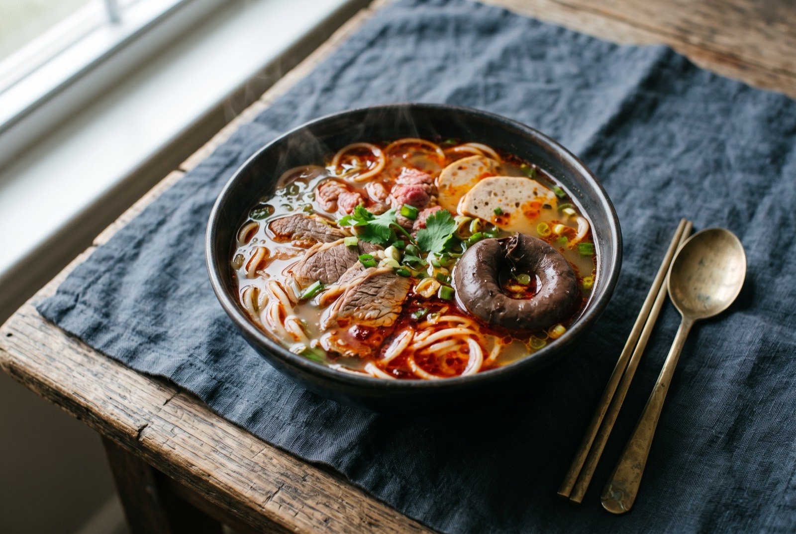 Bún bò Huế, a deep red lemongrass beef broth over thick round rice noodles: a deep bowl of reddish orange broth with thick round rice noodles beneath, slices of beef and a coil of pork blood sausage submerged.