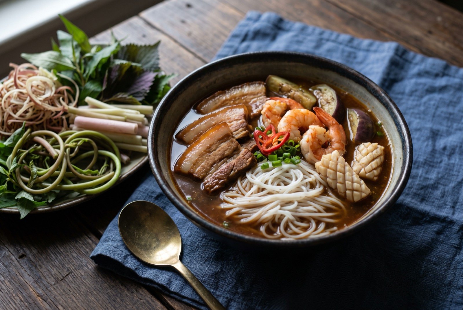 Bún mắm, a pungent fermented fish broth over rice vermicelli with pork, shrimp, squid and eggplant: a deep bowl of dark reddish brown broth over a nest of white rice vermicelli, pieces of pork belly, shrimp, squid and purple eggplant arranged over the top.