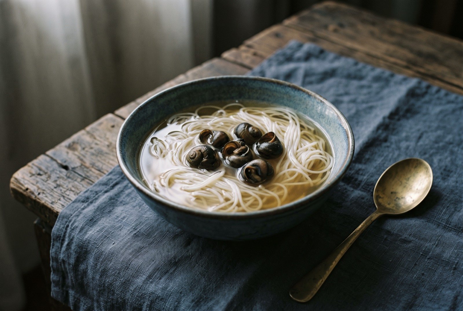 Bún ốc nguội, cold snail noodles in a clear, unadorned broth: a bowl of pale, glass clear broth over thin white noodles, a scatter of dark coiled snail meat, no herbs or visible garnish.