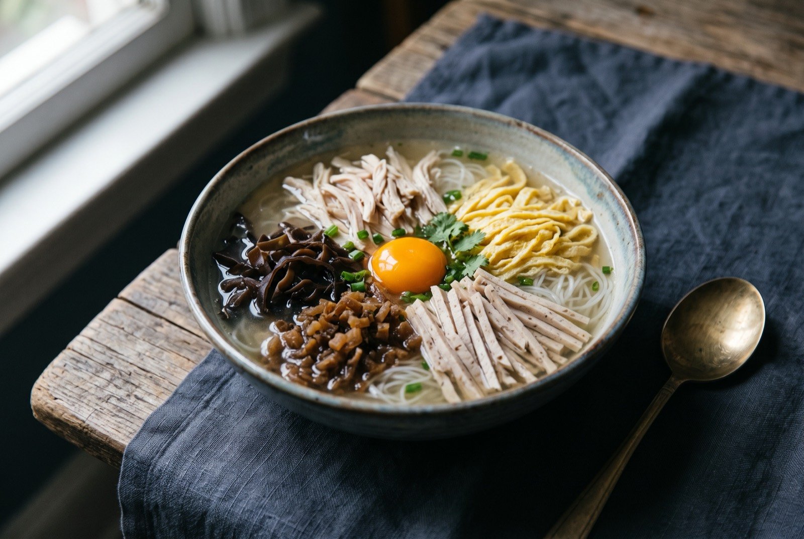 Bún thang, a clear chicken broth with shredded chicken, egg and pork sausage arranged in careful sections over rice vermicelli: a bowl of pale clear broth over rice vermicelli, its surface divided into neat radiating sections of shredded pale chicken.
